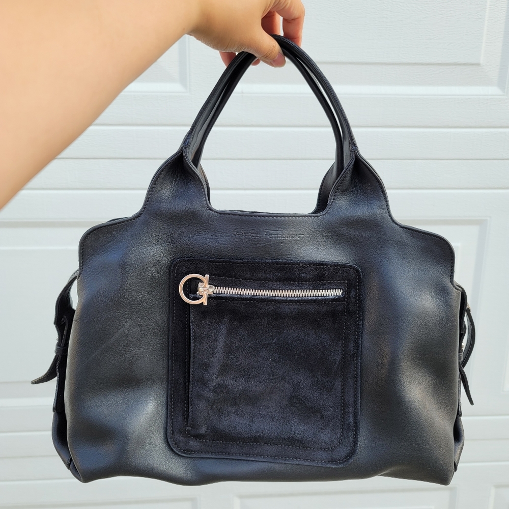 Salvatore Ferragamo Black Leather Suede Bag